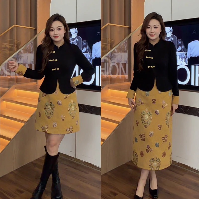 花菜微胖定制~【岁岁无忧】秋冬新款设计感假两件新中式复古国风裙