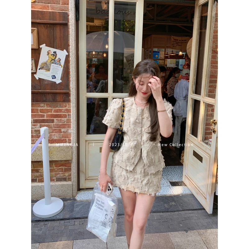 萌萌Ja 巴黎限定 重工立体流苏小香上衣开衫通勤显瘦半身a字裙女