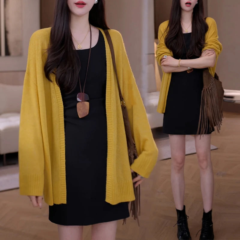 森系时尚套装女早秋装新款中长款针织衫外套内搭背心连衣裙两件套