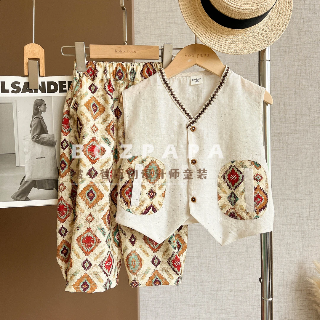 现货啵小爸【彩云伴月】2025夏季男童韩系民族风印花口袋背心套装