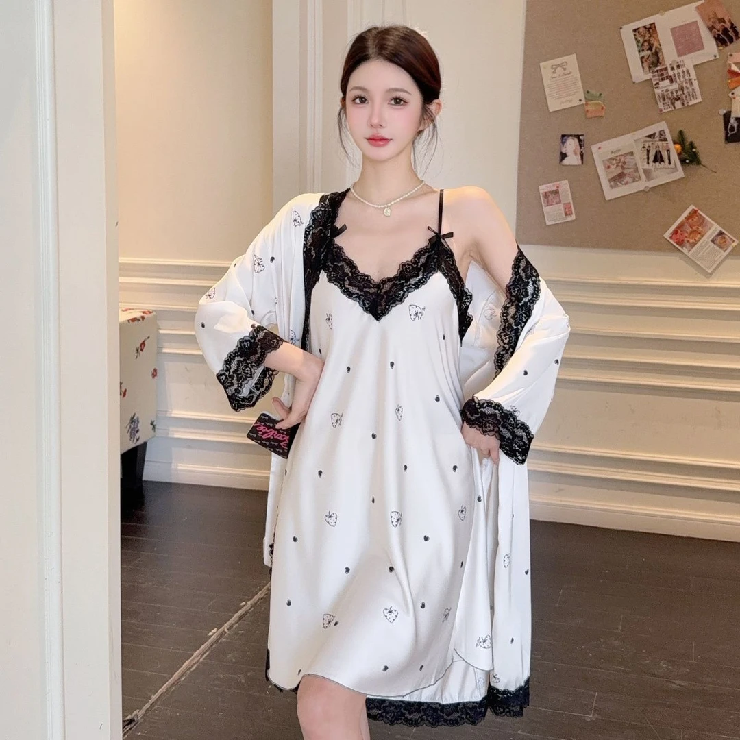 爆款蕾丝花边纯欲风夏季薄款冰雪丝性感吊带睡裙长袖睡袍两件套