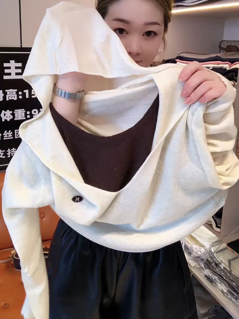 韩版连帽长袖白色假两件女2025早秋简约宽松修身显瘦设计感针织衫