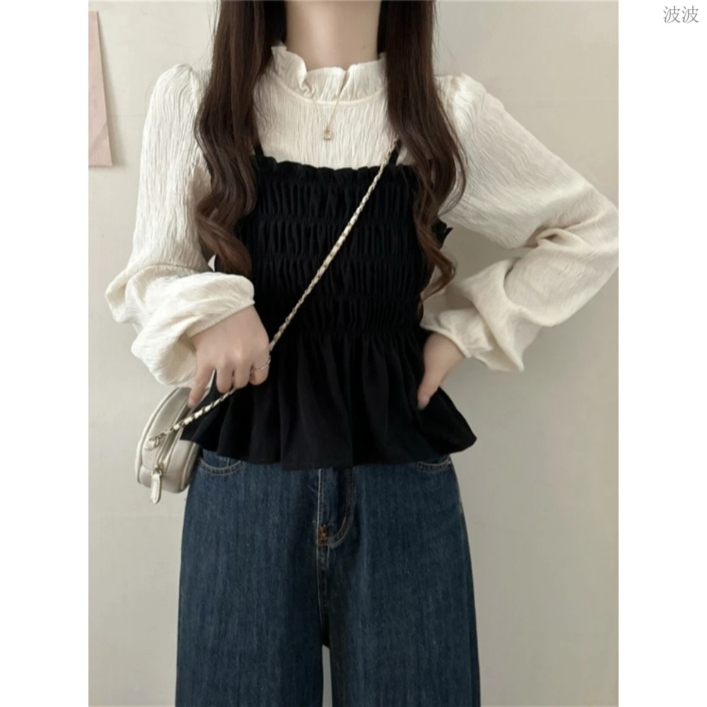 【店铺热销】黑色半高领木耳边长袖娃娃衫女秋冬新款灯芯绒假两件小