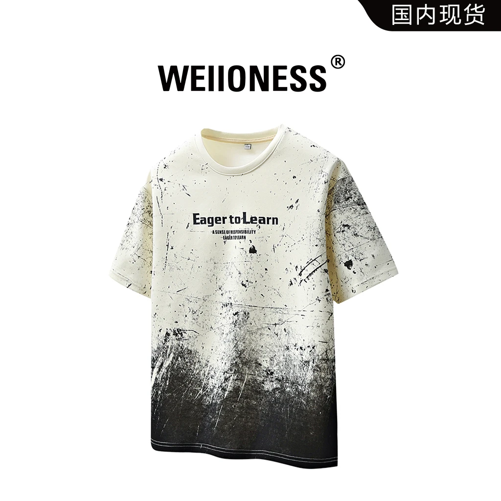 WEIIONESS泼墨字母印花短袖t恤男2025夏季纯棉宽松痞帅冰丝上衣潮