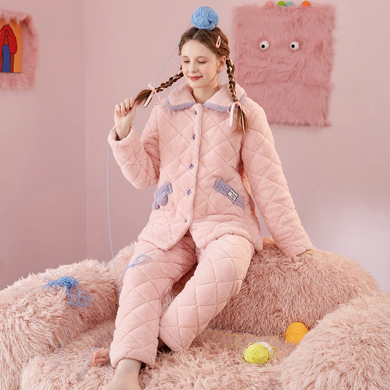 芬腾加厚夹棉冬季保暖睡衣长袖女士居家套装FJ240047家居服女