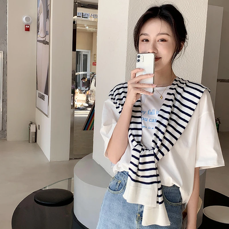 韩版春秋条纹毛线披肩针织外搭装饰打结空调房披肩女HT