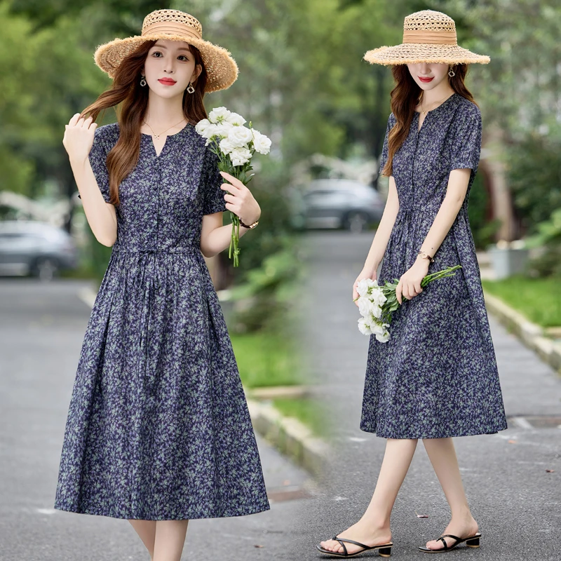 复古碎花连衣裙女2025夏季新款高级感休闲气质显瘦薄款中长款裙子