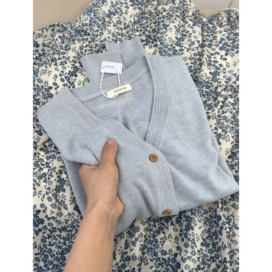 浅雾蓝开衫」小v春季薄款纯色开衫韩系自留外套女针织上衣 25新