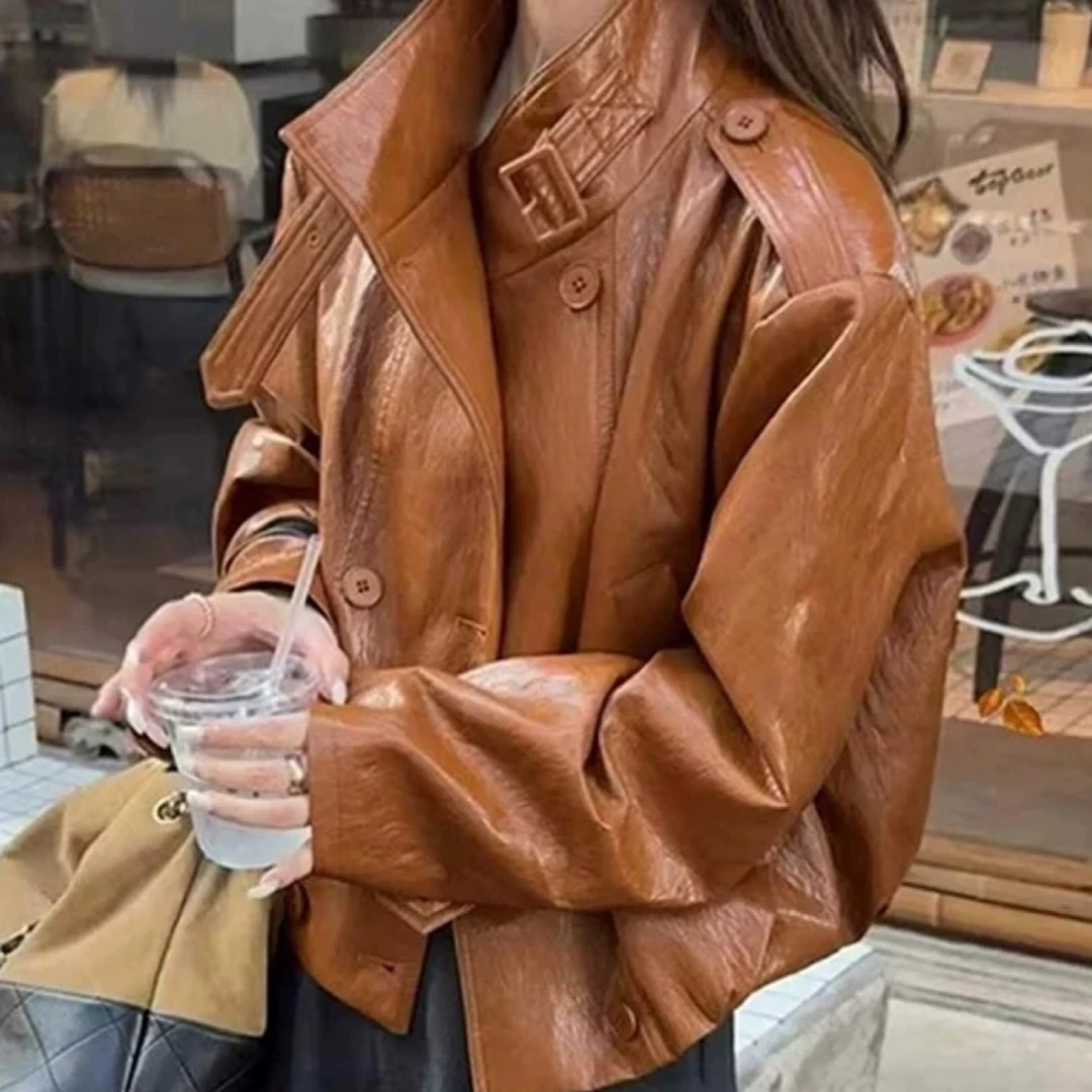 韩系复古双排扣系带立领机车服女小个子秋季新款宽松洋气夹克外套