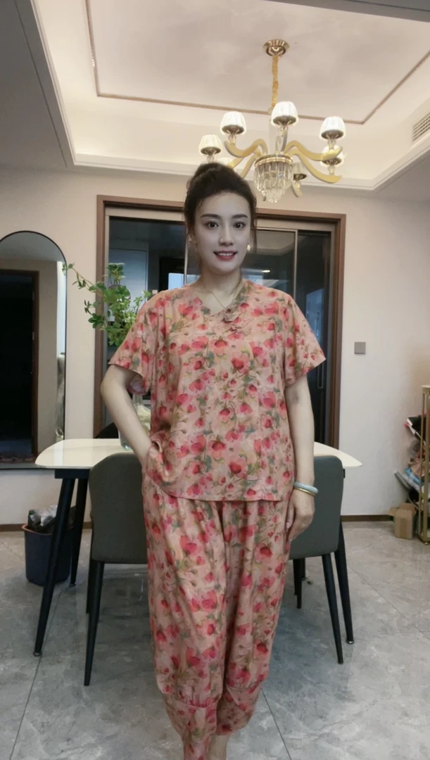 国风盘扣外穿夏季薄款人造棉绵绸两件套妈妈中老年家居服套装加肥