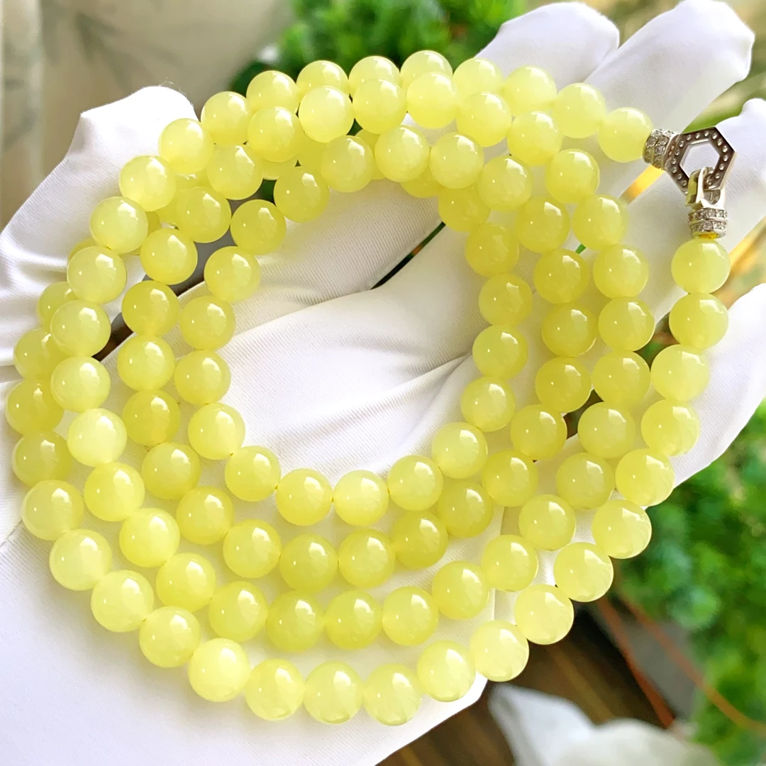 天然和田玉收藏级新疆若羌黄口鸡油黄约8mm银108颗项链手链@0044