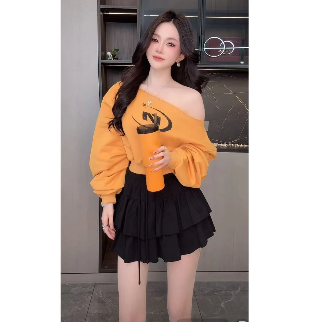 曼曼【美式甜辣】复古字母印花斜肩卫衣6617#