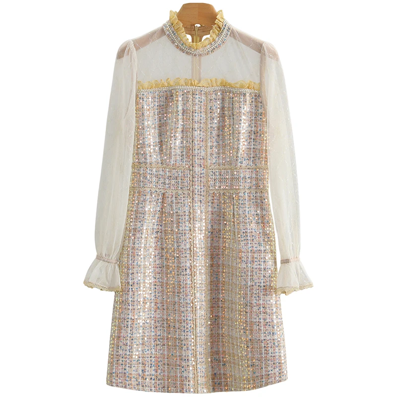 伍莎服饰云仓【郁】小香香假两件立领修身珠片连衣裙新款