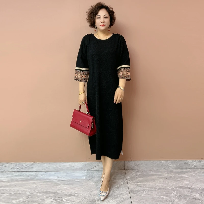 H秋季新款新中式国风气质妈妈裙2025大码宽松针织时尚减龄长裙