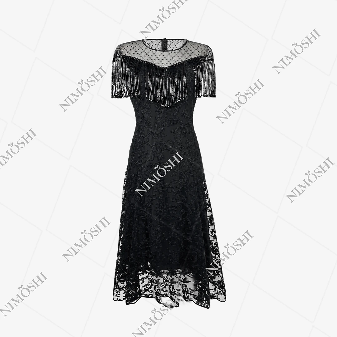 NIMOSHI【莎总】复古网纱拼接刺绣流苏设计褶皱小摆裙连衣裙Q1401