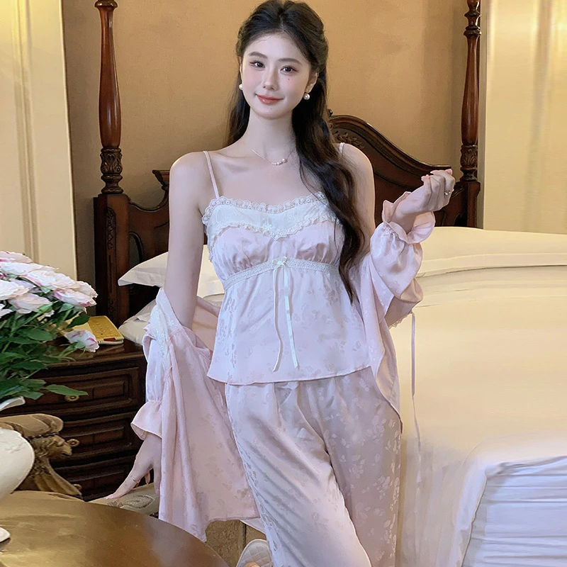 法式睡衣套装新款吊带冰丝性感睡衣女三件套装长袖可外穿家居服女