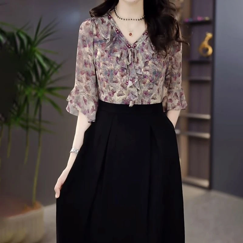 高级琉璃丝时尚洋气百搭碎花假两件礼服裙2025春夏新款显瘦连衣裙