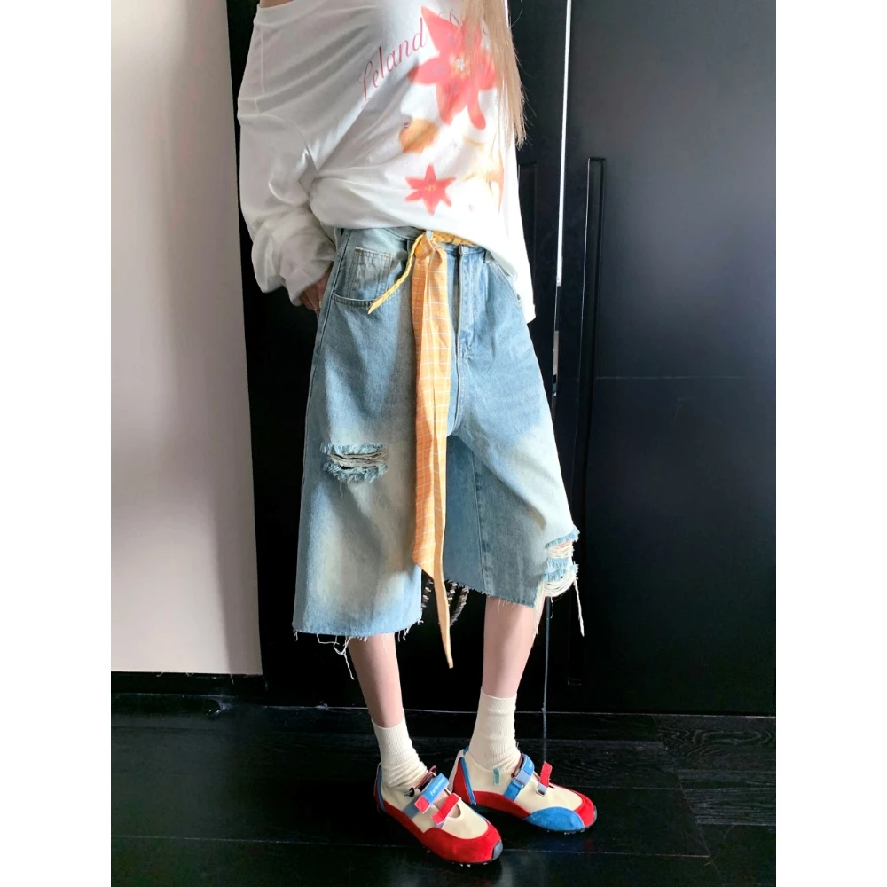 美式高街廓形复古蓝牛仔裤女2025夏季新款显瘦显高阔腿宽松五分裤
