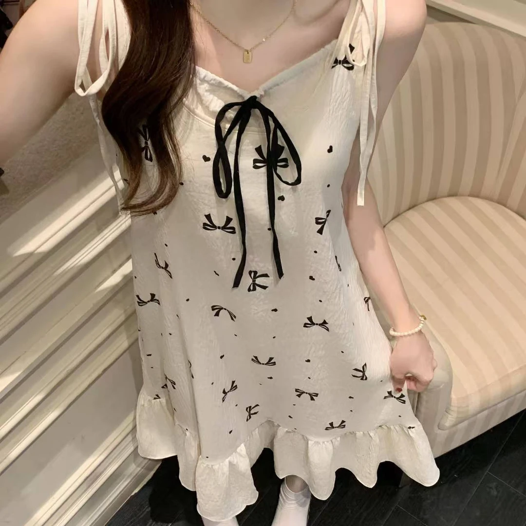 韩版夏季透气女士蝴蝶结薄款带胸垫吊带睡裙甜美家居服
