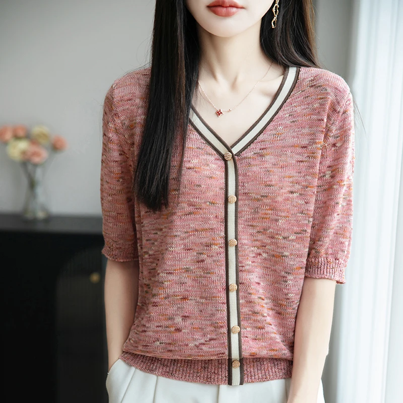 品牌夏季新款时尚V领针织衫花纱气质拼色减龄百搭T恤女