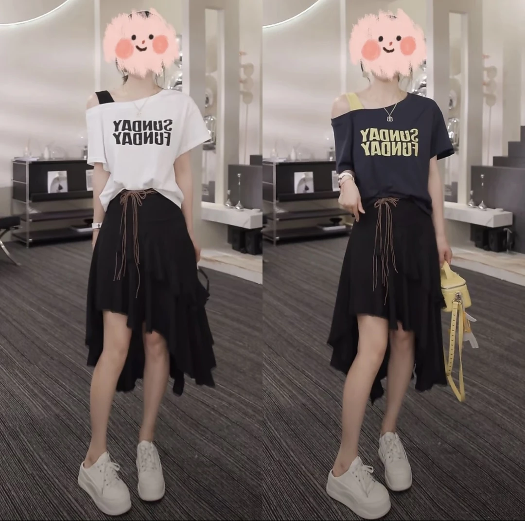 2025夏季新款时尚休闲气质显瘦字母T恤上衣高腰半身裙两件套