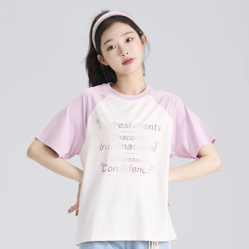多多一上女大童25夏款插肩袖凉感撞色短T（150-180）2122A50X