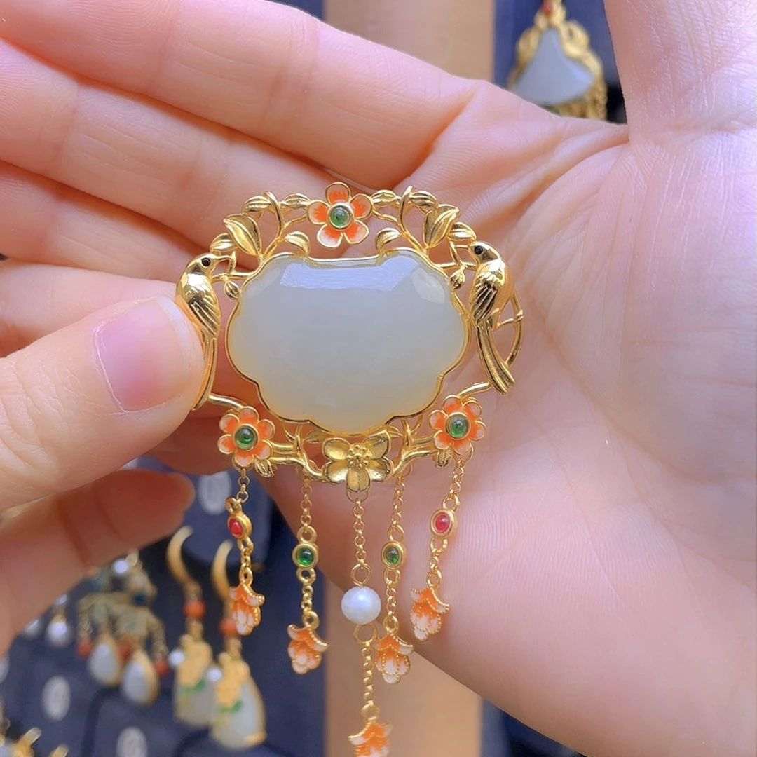 和田玉颈饰银S925镀金镶嵌