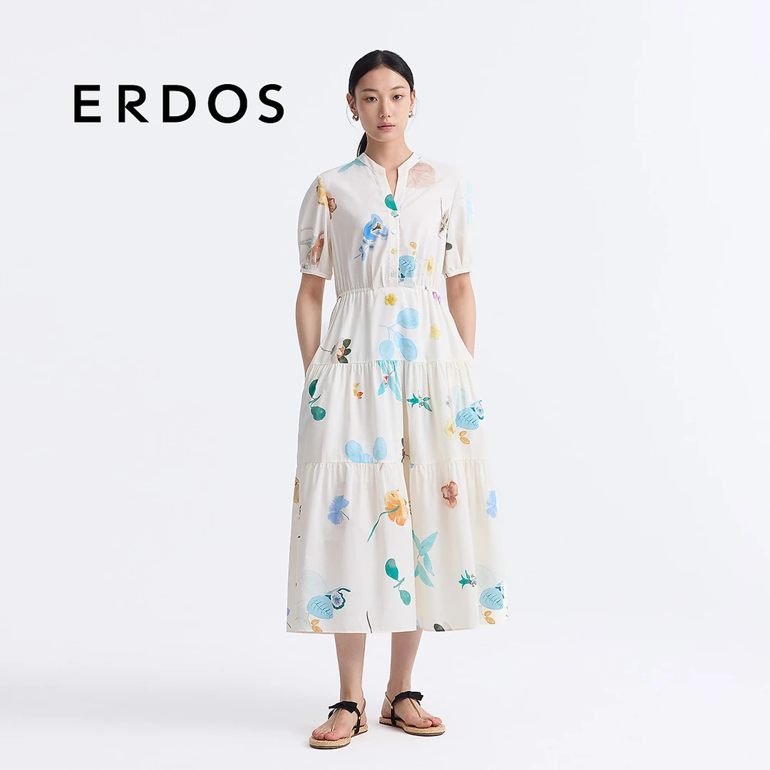 ERDOS 丝棉混纺度假风收腰连衣裙女【夏花】25年春夏新品