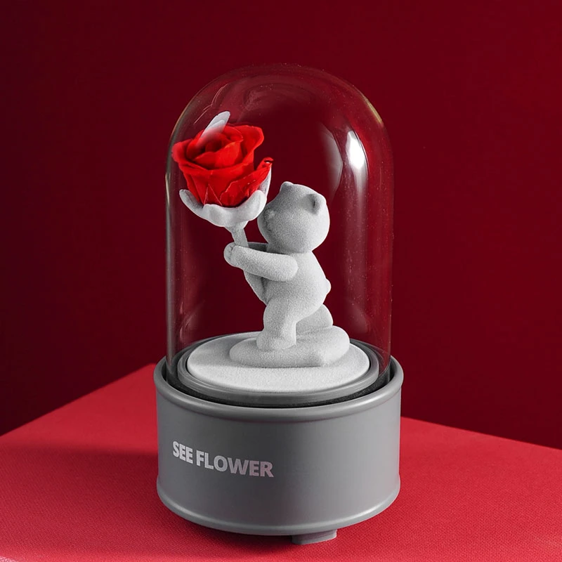 永生花玫瑰植绒小熊八音盒摆件礼盒生日送老婆女友闺蜜情人节礼物