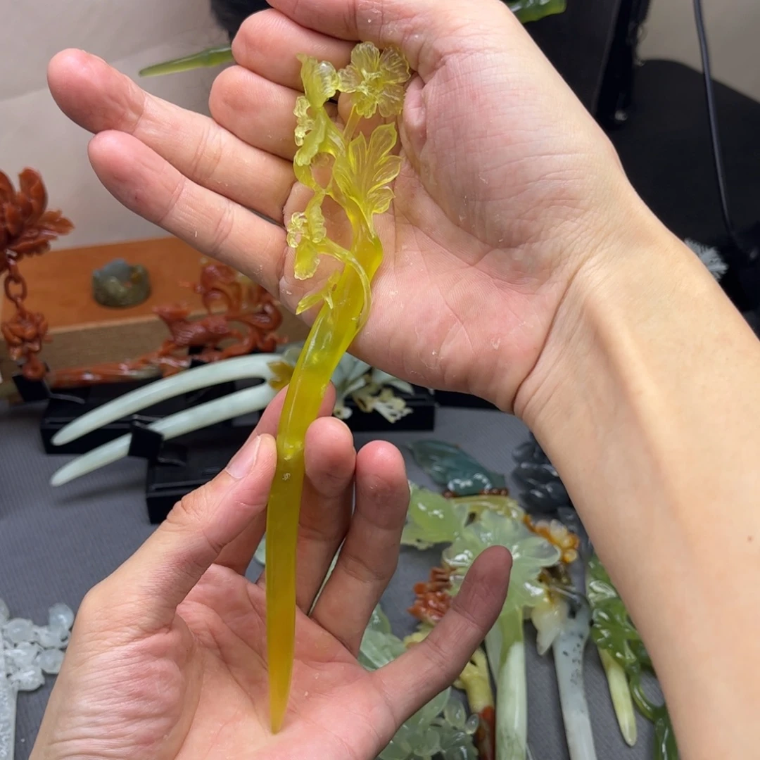 蛇纹石玉银S925镀金镶嵌发饰