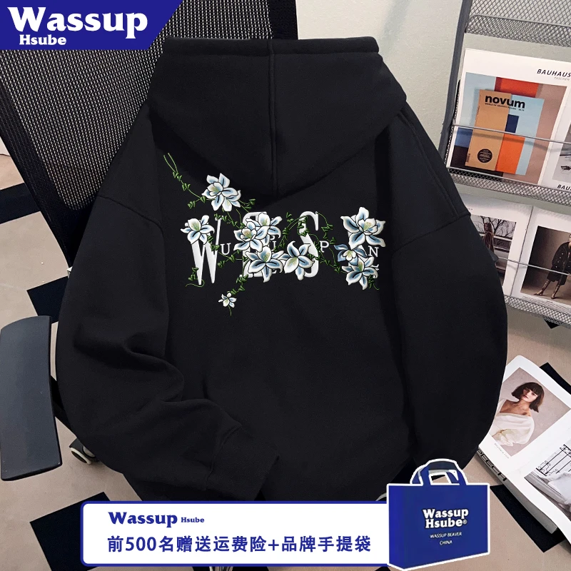 WASSUP HSUBE秋冬季男女款连帽黑色套头上衣美式刺绣创意加绒卫衣