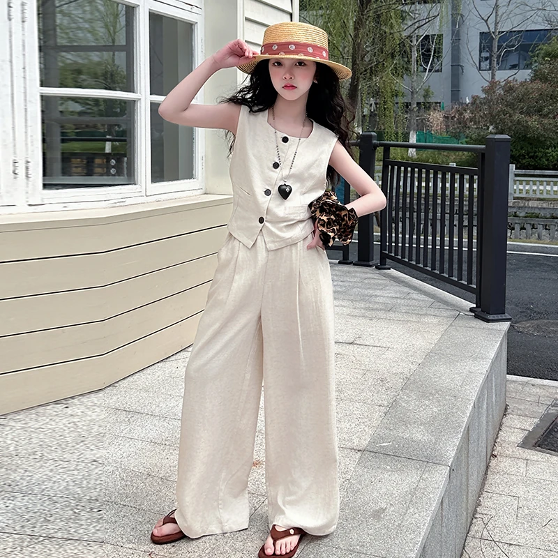 女童夏装套装2026新款洋气女孩无袖马甲休闲阔腿裤两件套短袖韩版