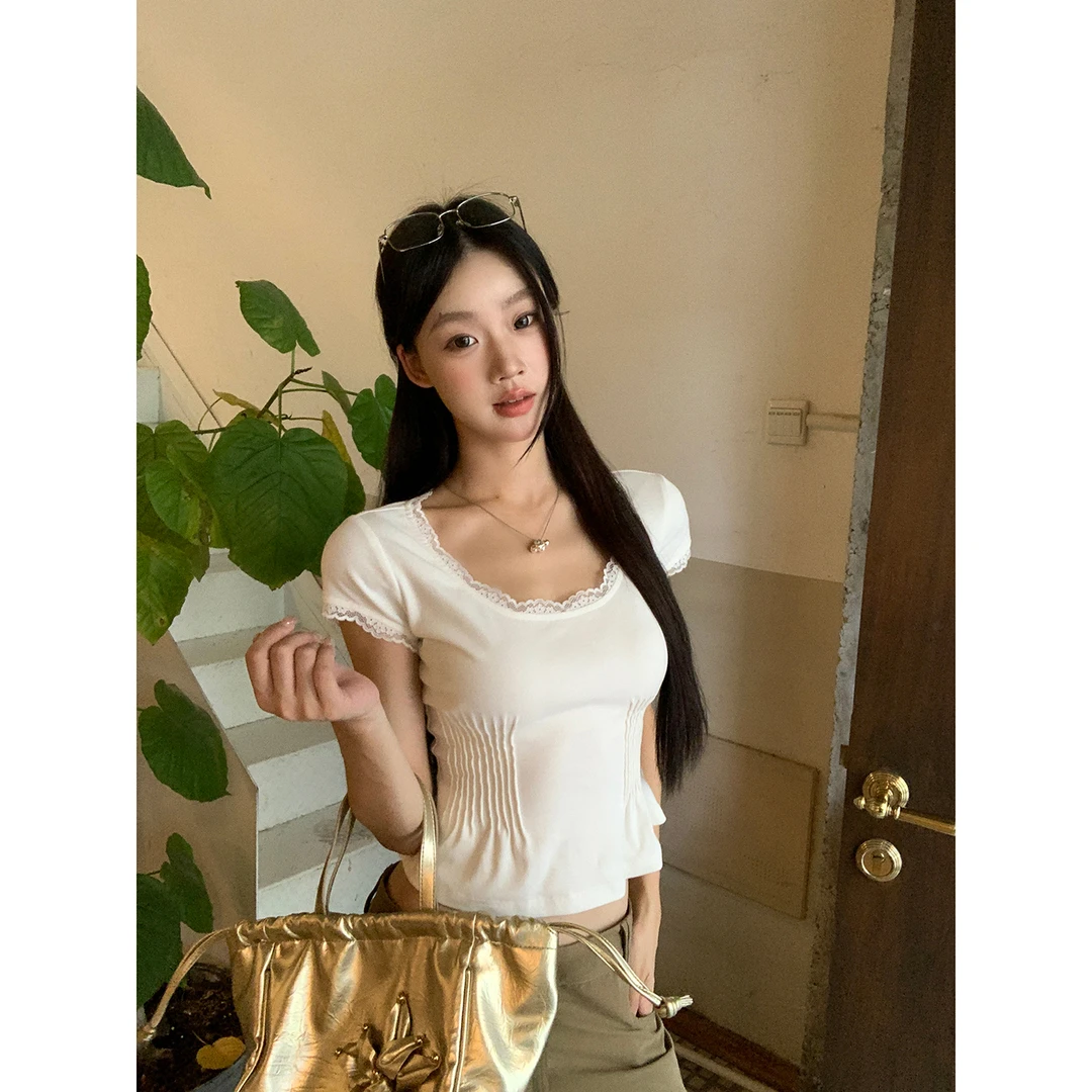 【缎带情书】夏季纯欲风蕾丝花边短袖气质减龄收腰T恤253Z3059#