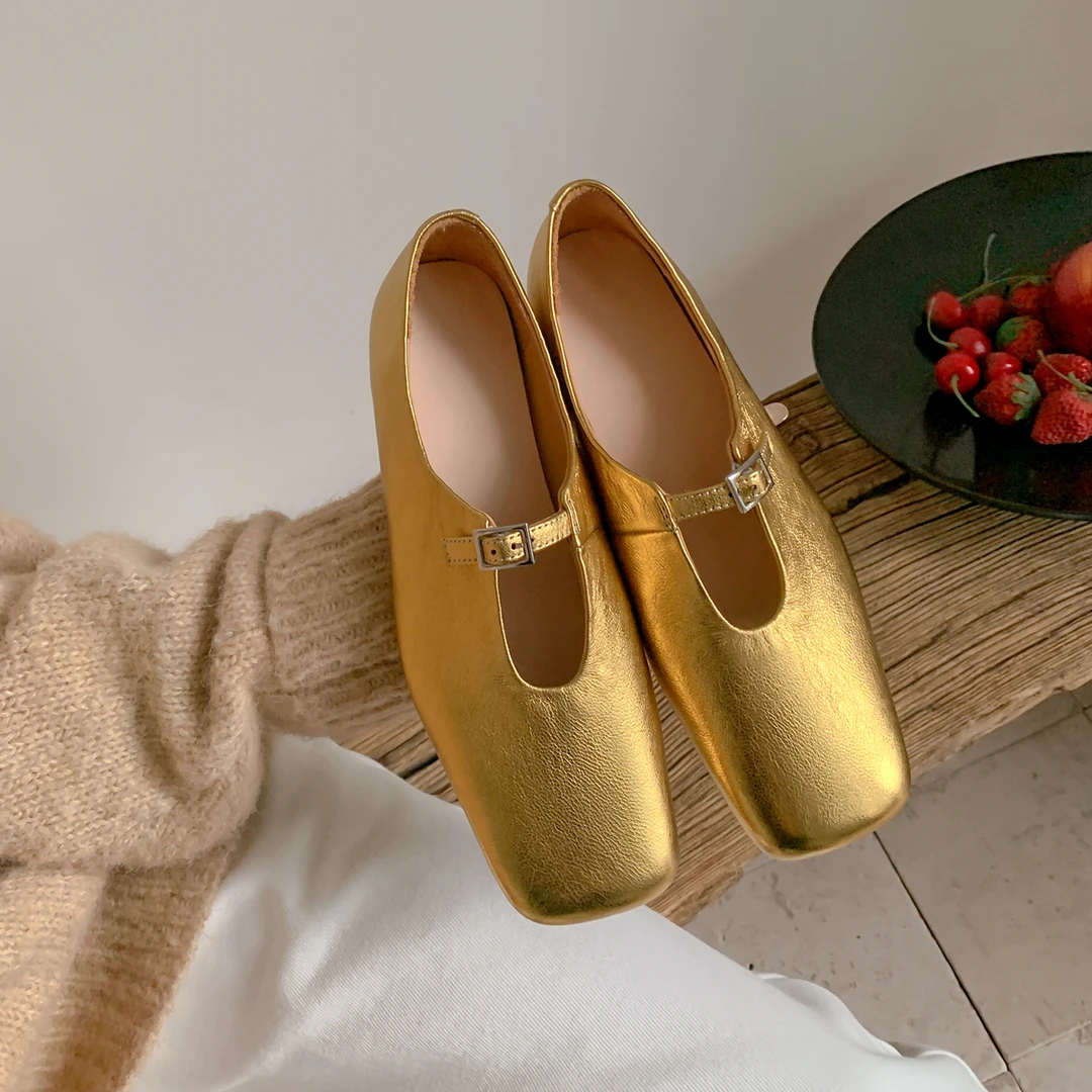 BOYA方头玛丽珍鞋平底法式温柔浅口银色鞋子多巴胺百搭小皮鞋女款