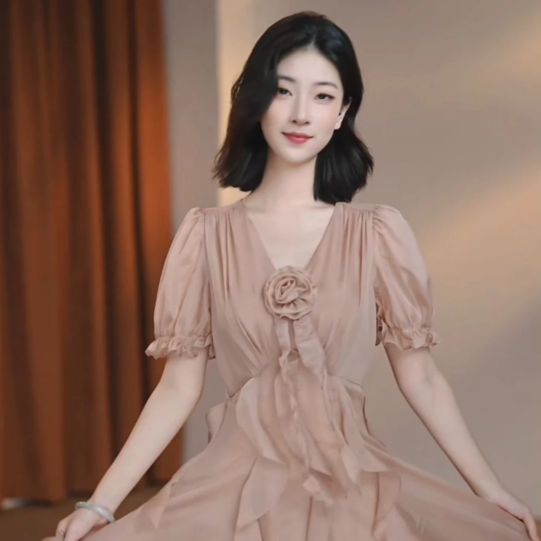 【茉雨】灰白玫瑰 夏季法式温柔轻盈V领短袖收腰连衣裙-HZ754