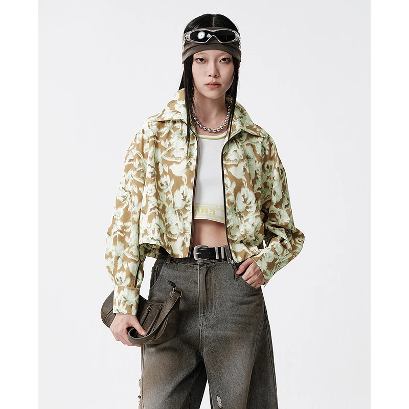 D63五一旅游出街春时尚复古撞色印花休闲夹克翻领短外套5F1W51136