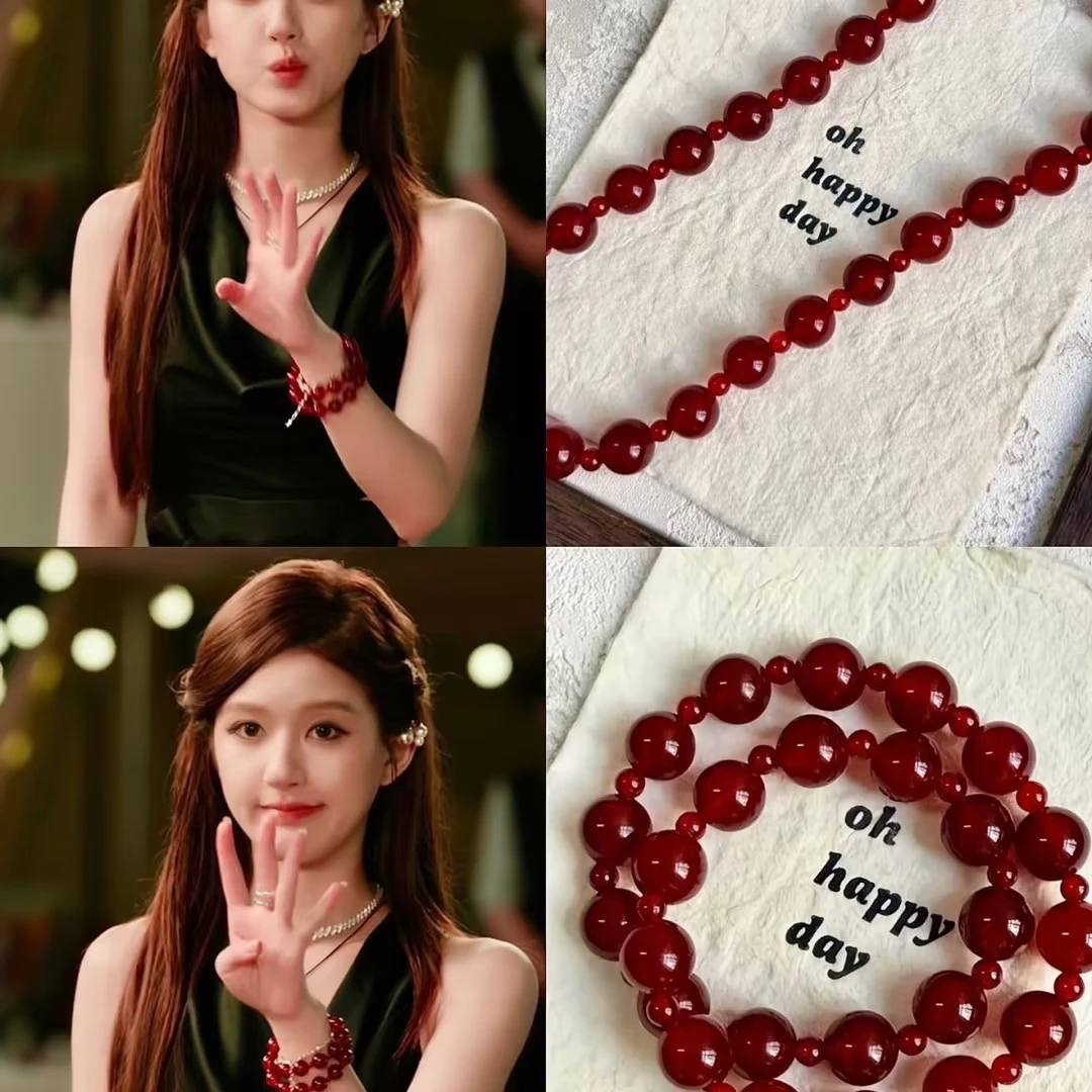 许我耀眼赵露思同款天然红玛瑙手链幸运红高级感显白双圈玛瑙手串