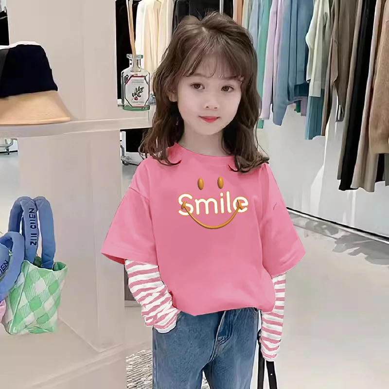 春秋季儿童长袖拼接2025中大童新款打底假两件女童棉质上衣秋装潮