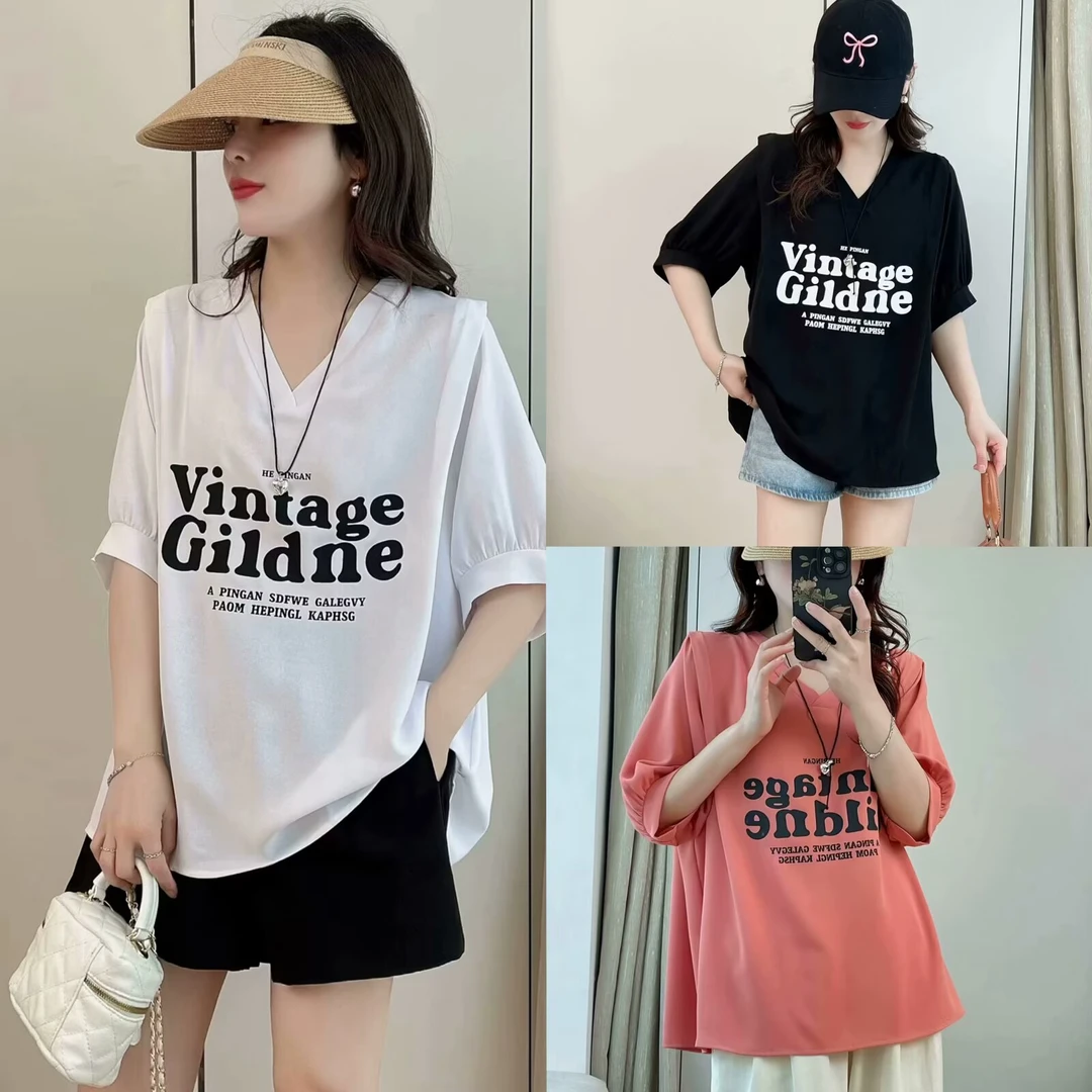 大码女装 胸108-132 新款V领印花后开叉T恤951#