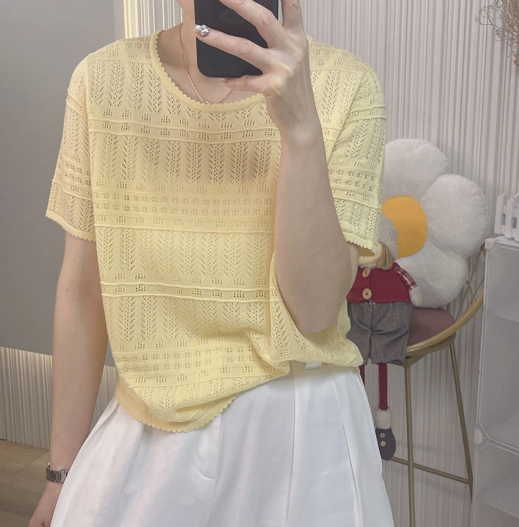 妮子严选百搭纯色毛针织衫休闲气质薄款短袖07833