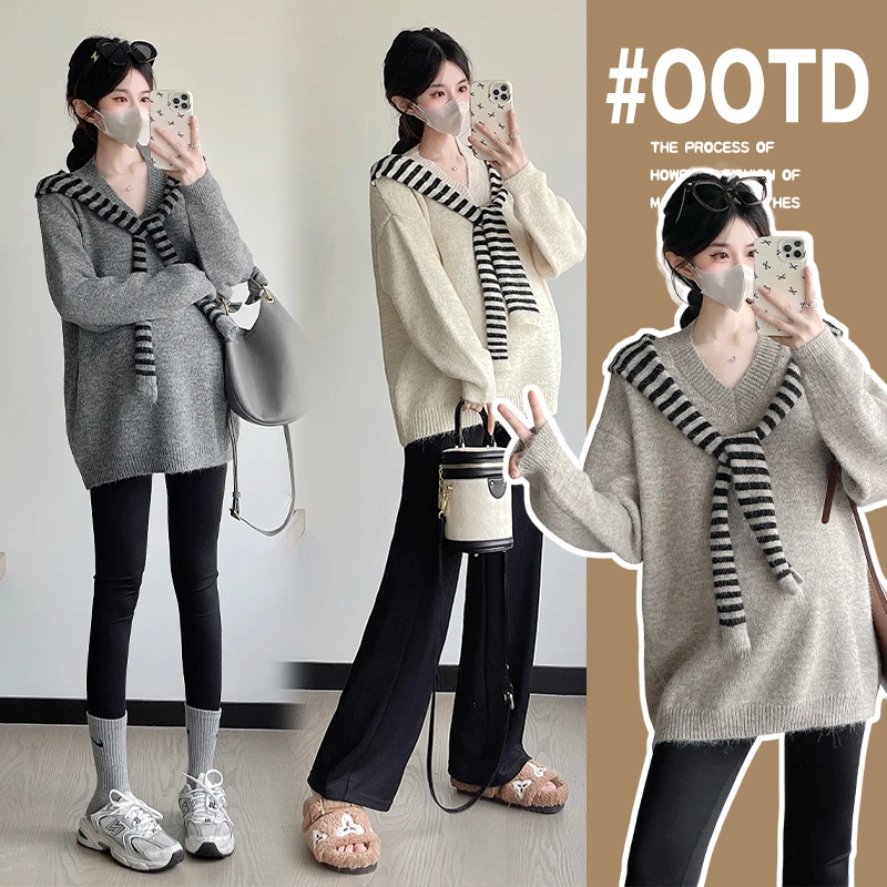 孕妇毛衣大码春秋显瘦洋气时尚外穿宽松披肩设计感针织打底中长款