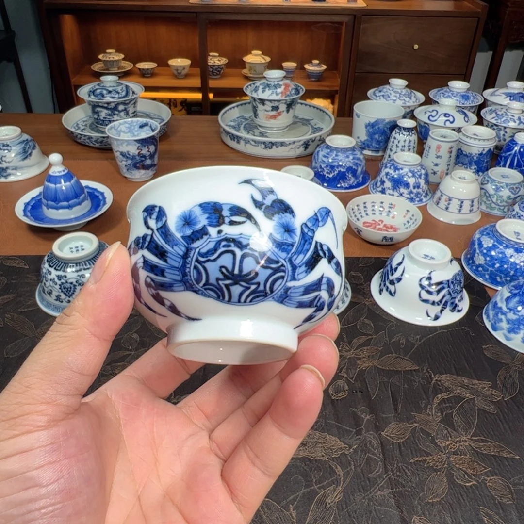 青花螃蟹炉式杯杯杯