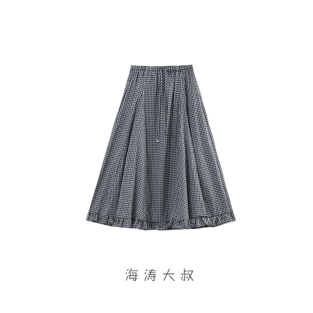 【海涛大叔】「半格日光」纯棉拼接百褶下摆松紧腰抽绳半身裙
