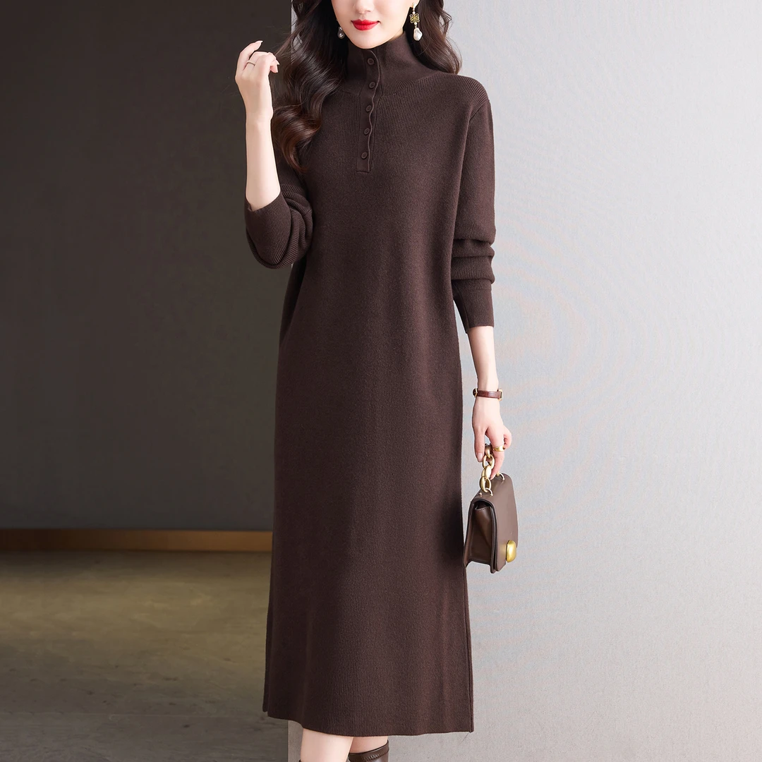 高领针织连衣裙秋冬长款内搭毛衣裙配大衣气质高级感打底裙子显瘦