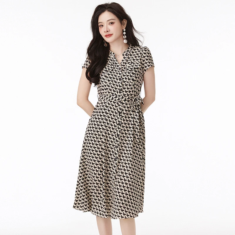 复古优雅中长裙单排扣裙子连衣裙女2025夏52JP0A0017