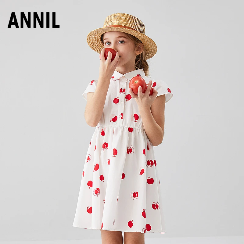 安奈儿女童全棉翻领短袖连衣裙2025夏新款甜美印花裙子EG523102