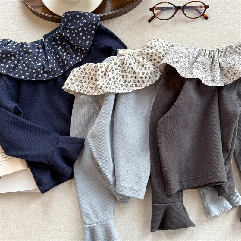 ab.bab女童秋季【碎花荷叶领】儿童韩版T恤女宝洋气弹力打底衫