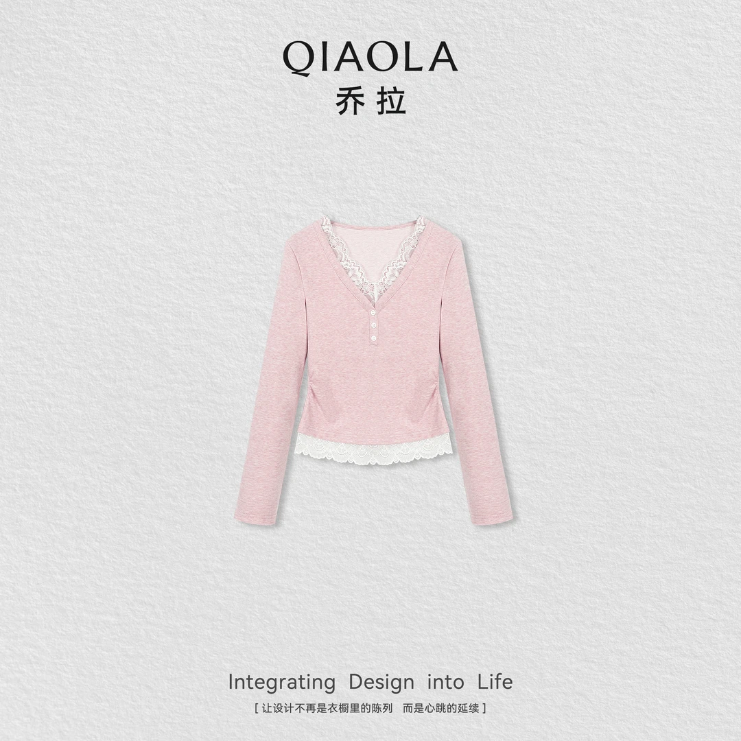 QIAOLA/乔拉【雪落流樱】秋季针织拼接假两件设计上衣