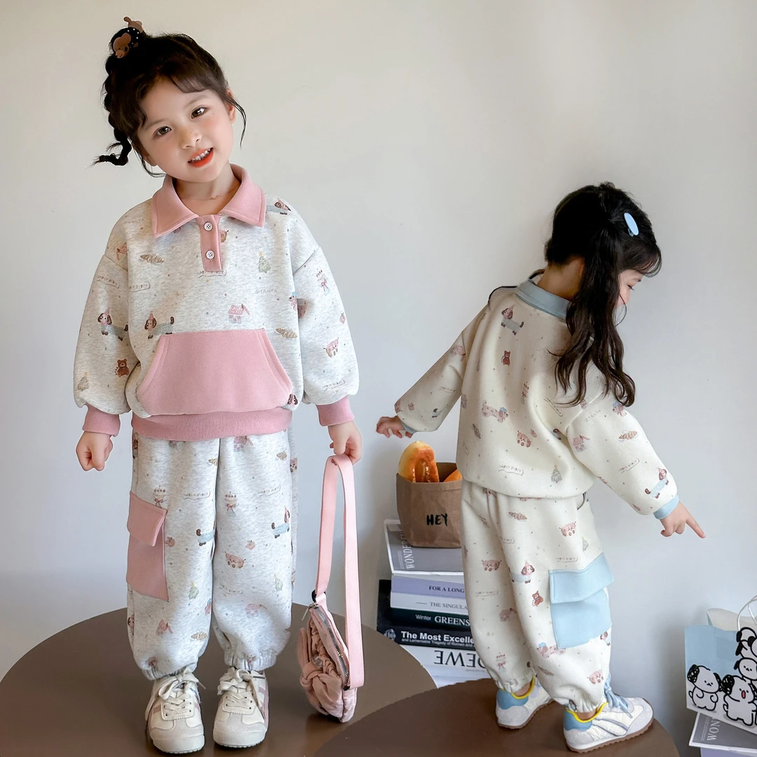 女童polo卫衣套装春秋款洋气小女孩时髦女宝宝卡通两件套小童秋装