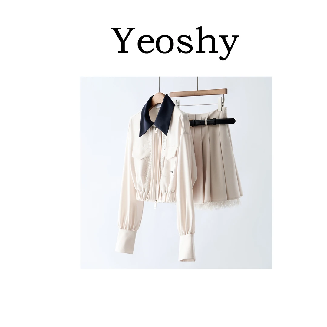 【YS11395】木巨上3.3K25早秋新蕾丝拼接拉链外套+百褶半身裙套装